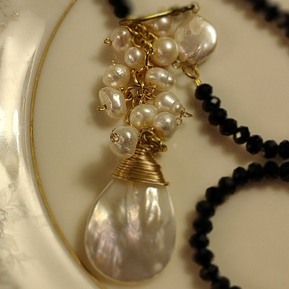 Artisan Fresh Water Mother of Pearl, Coin Pearls Faceted Crystal Necklace